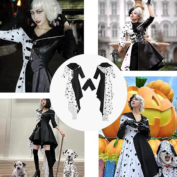 (175cm) Fasnacht Erwachsenen Kostüm Dalmatiner Lady Kleid mit Kapuze Verkleidung für Motto Partys / Halloween inkl. Handschuhe - Schwarz / Weiss