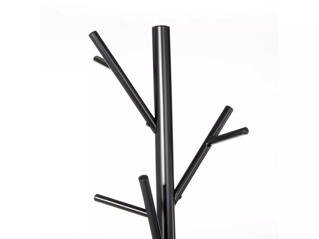 Porte-manteaux ZENO portant à vêtements sur pied en forme d'arbre avec 6 crochets sur différentes hauteurs, en métal laqué noir