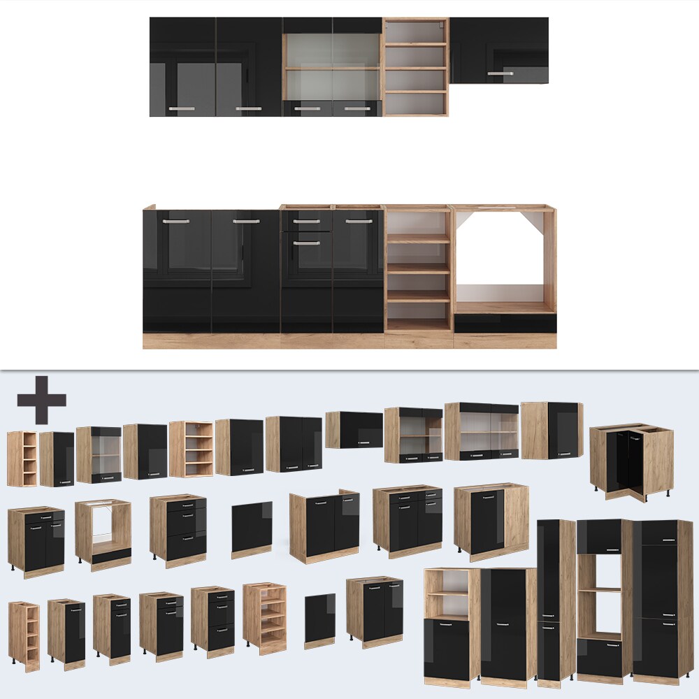 Vicco Küchenzeile R-Line Solid Eiche Schwarz 240 cm modern Küchenschränke Küchenmöbel