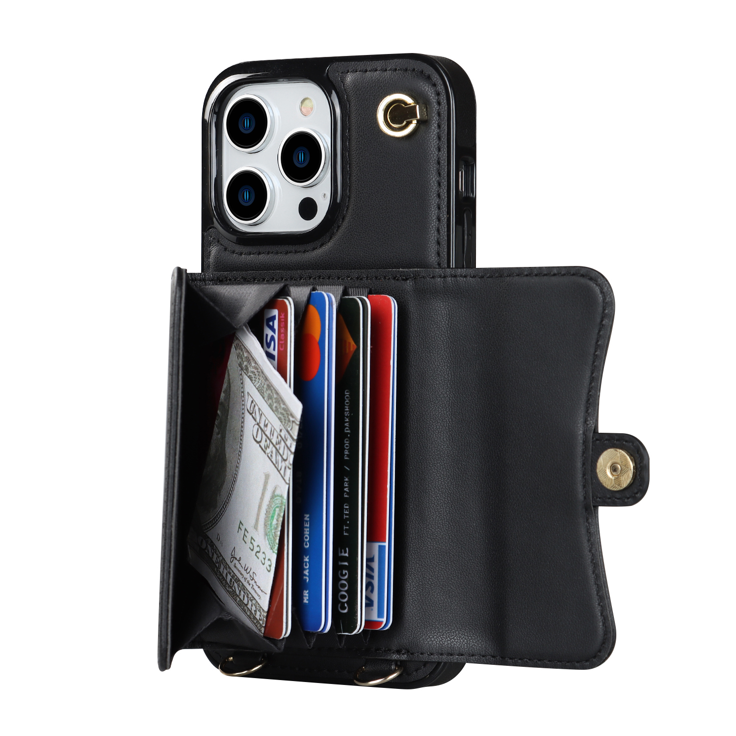 iPhone 13 Pro Necklace Leder Schutz Hülle mit Kartenfach   Handykette (140cm) - Schwarz