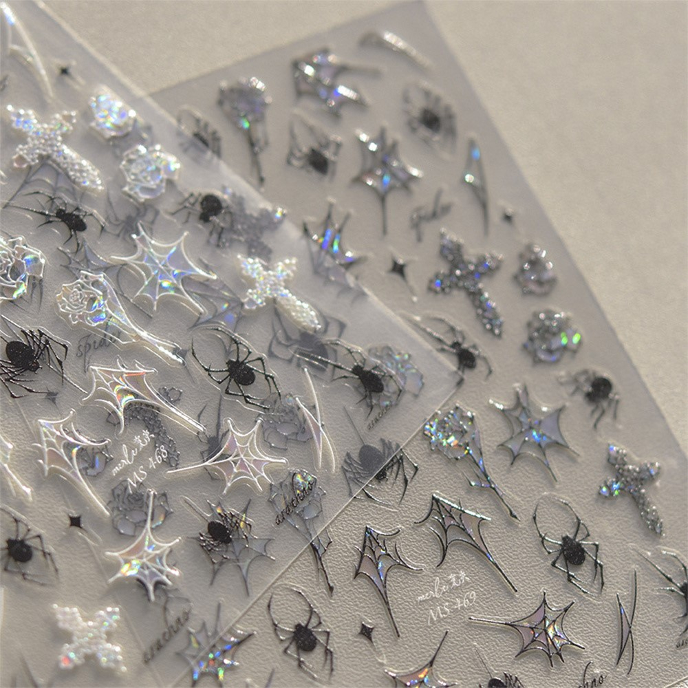 (56-tlg. Set) Nagel Sticker Nail Art Tattoo Selbstklebende Halloween Aufkleber Gothic Muster - Weiss / Schwarz