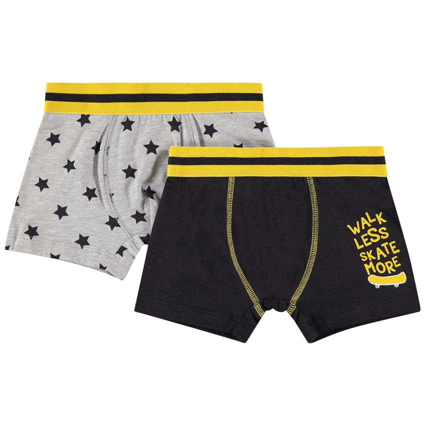 Lot de 2 boxers uni / à étoiles et touches de jaune - Gris chiné