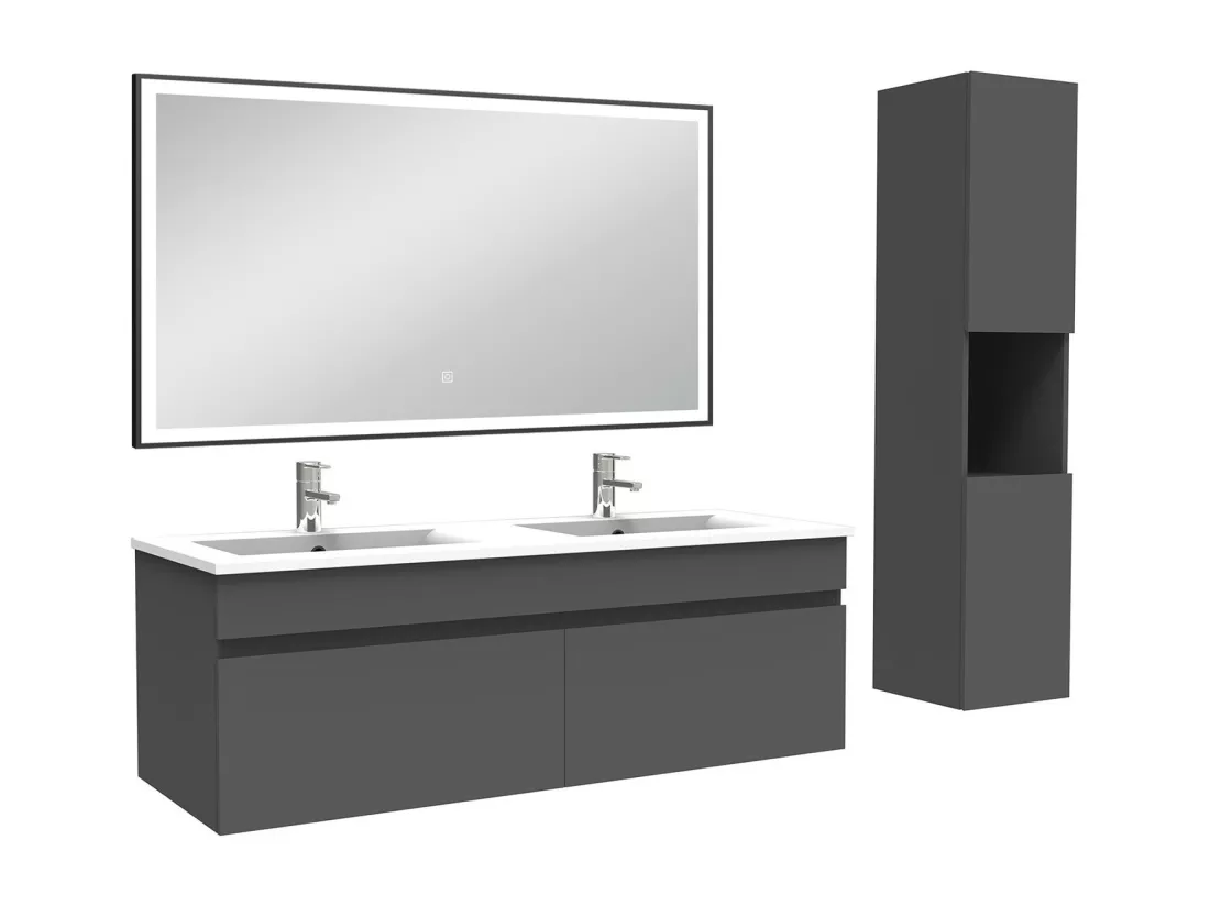 Meuble double vasque 120cm avec colonne et miroir lumineux 3 couleurs anthracite