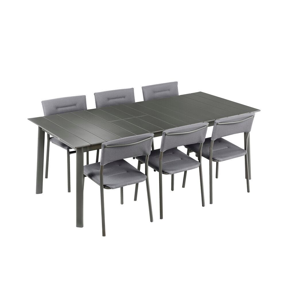 Set 1 ausziehbarer Gartentisch ALU und 6 Gartenstühle Oron Aluminium-Latten Silver