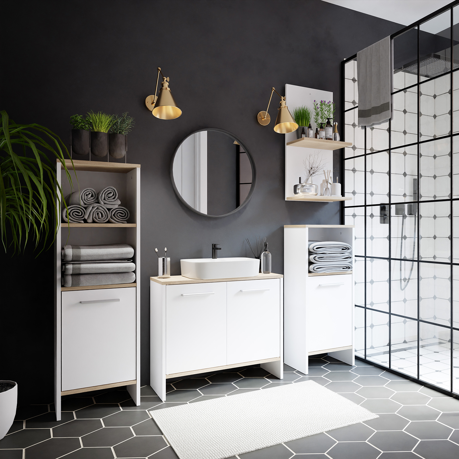 4-teiliges Badezimmer - weiß - Sonoma Eiche