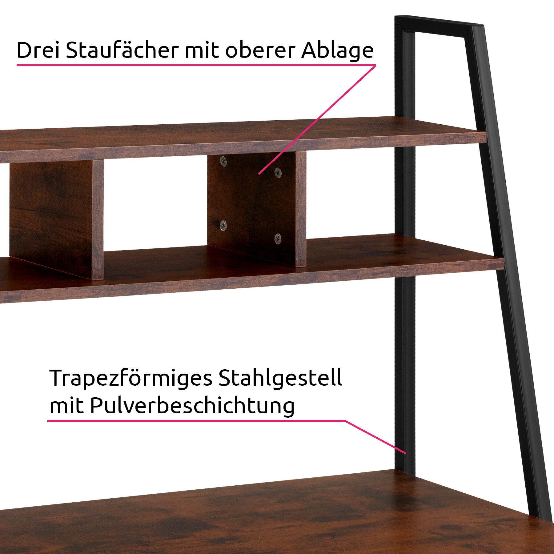 tectake® Schreibtisch, Industrial Style, trapezförmiges Gestell, 3 Staufächer, 85,5 x 46,5 x 140 cm