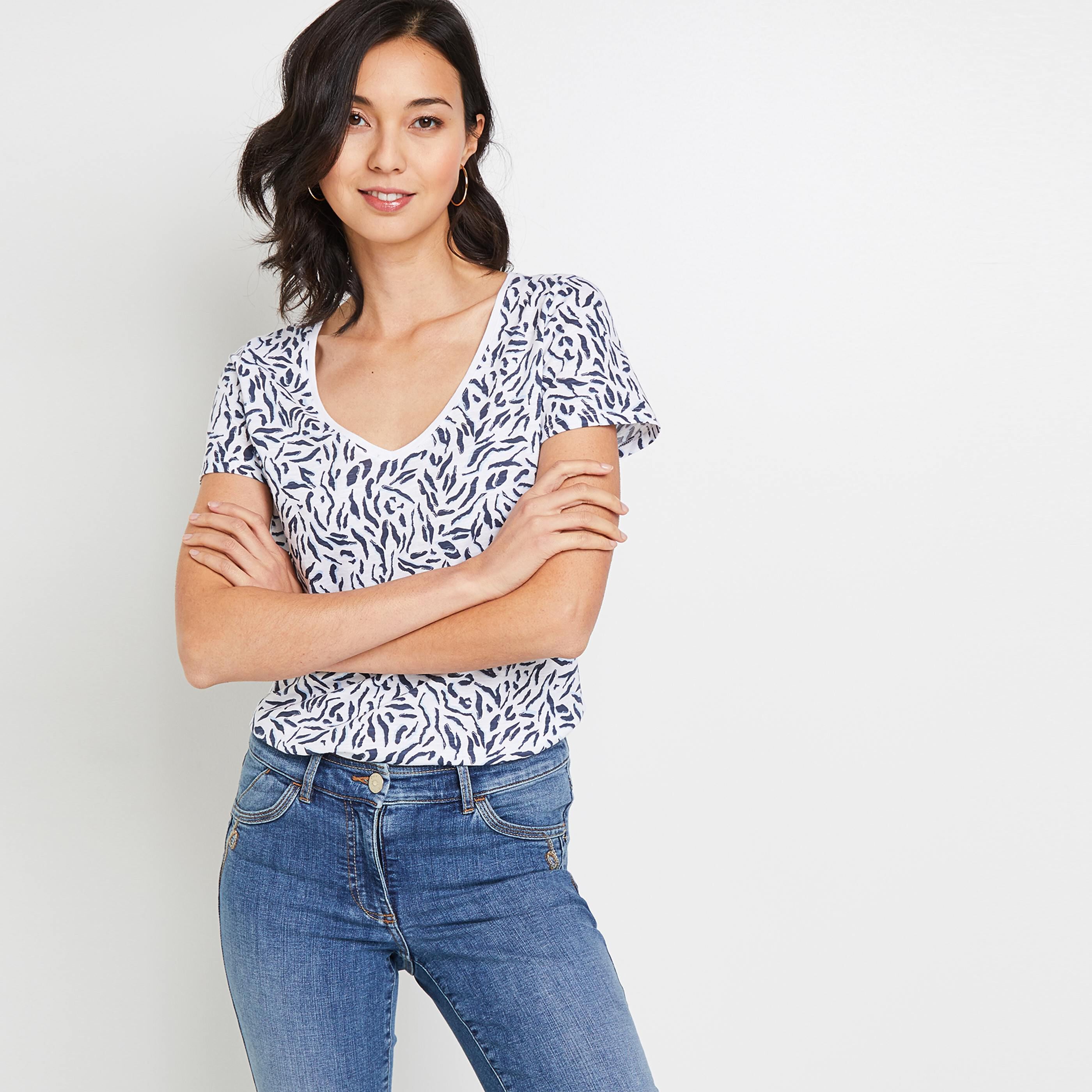 T-shirt imprimé col V femme - BLANC CASSE
