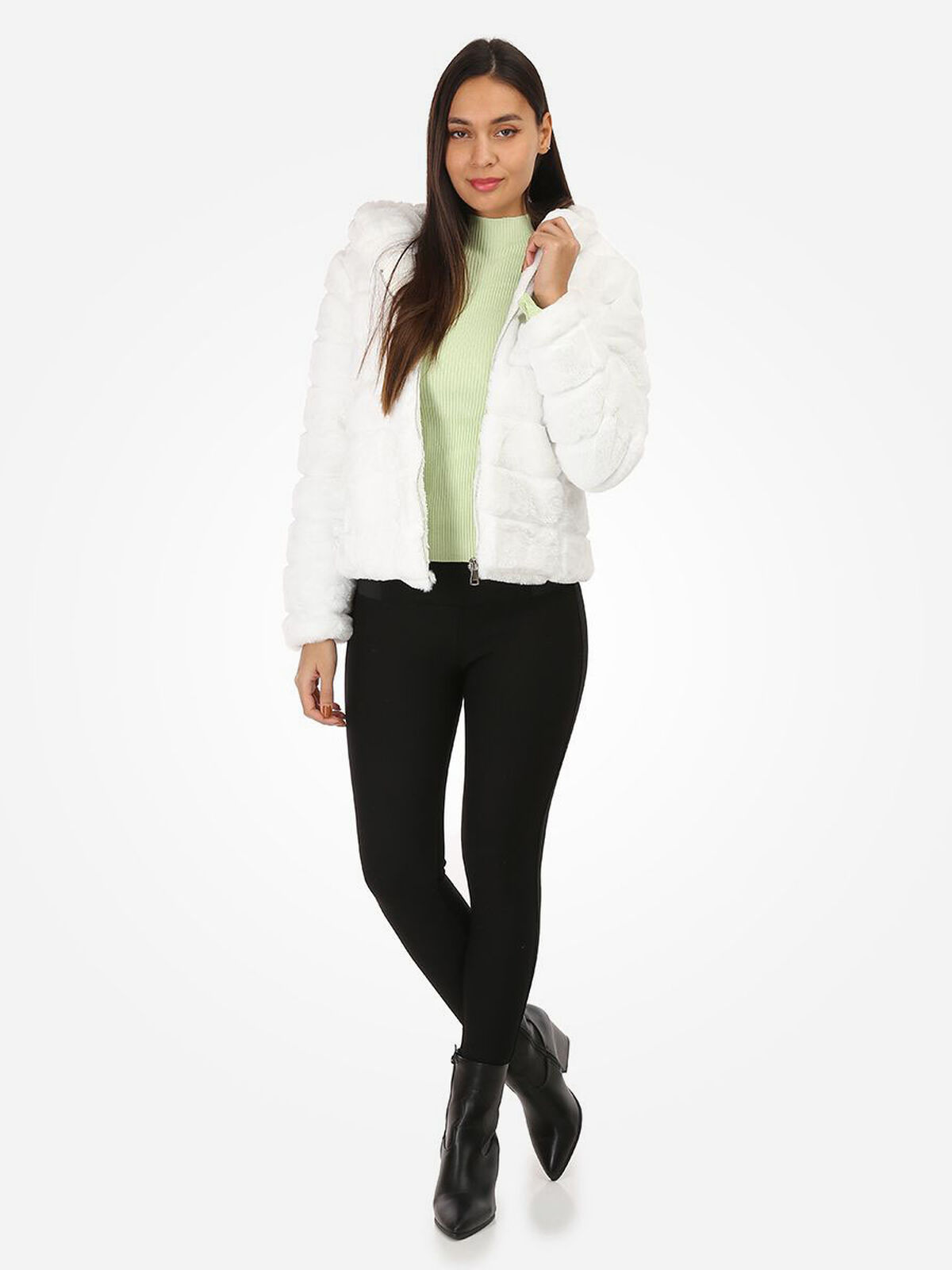 Manteau court à fausse fourrure et capuche- Blanc