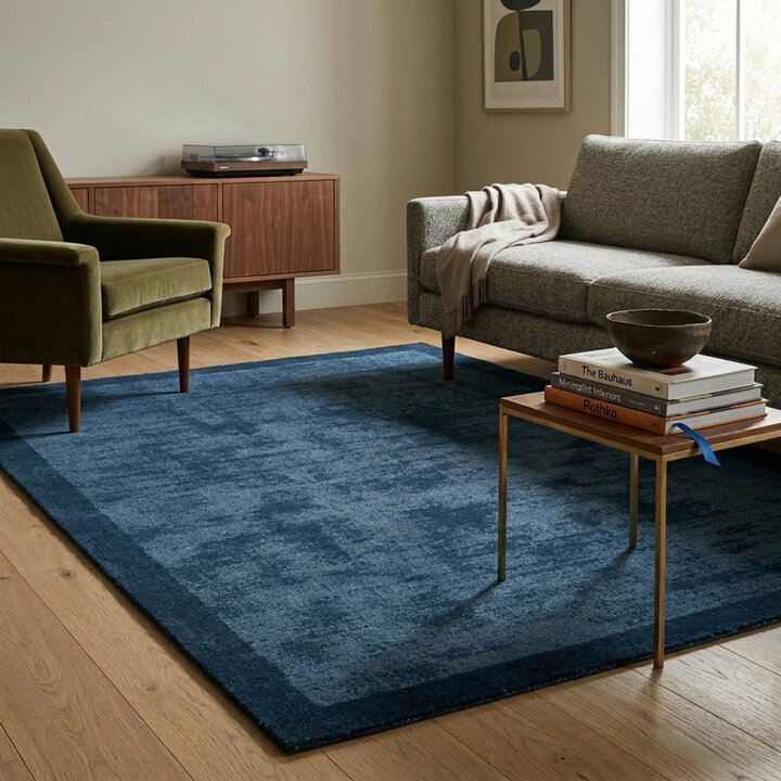 Laagpolig vloerkleed - Lucien Border Blauw | Mid-century modern