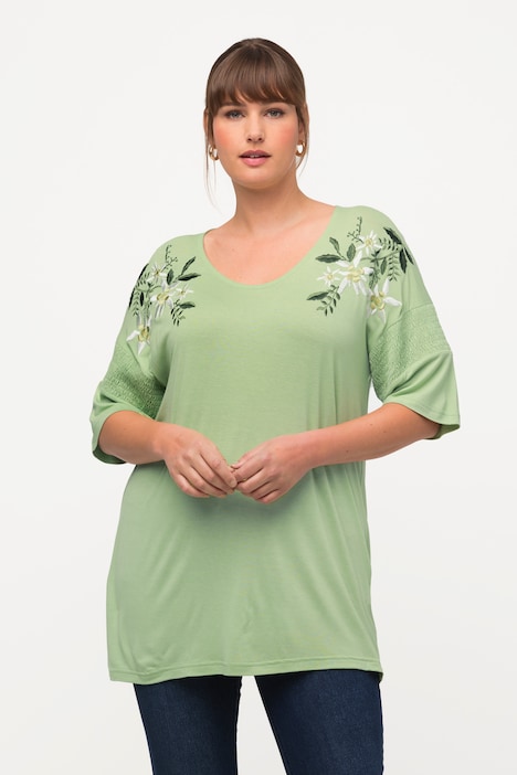 T-Shirt, Blütenstickerei, Classic, V-Ausschnitt, Halbarm