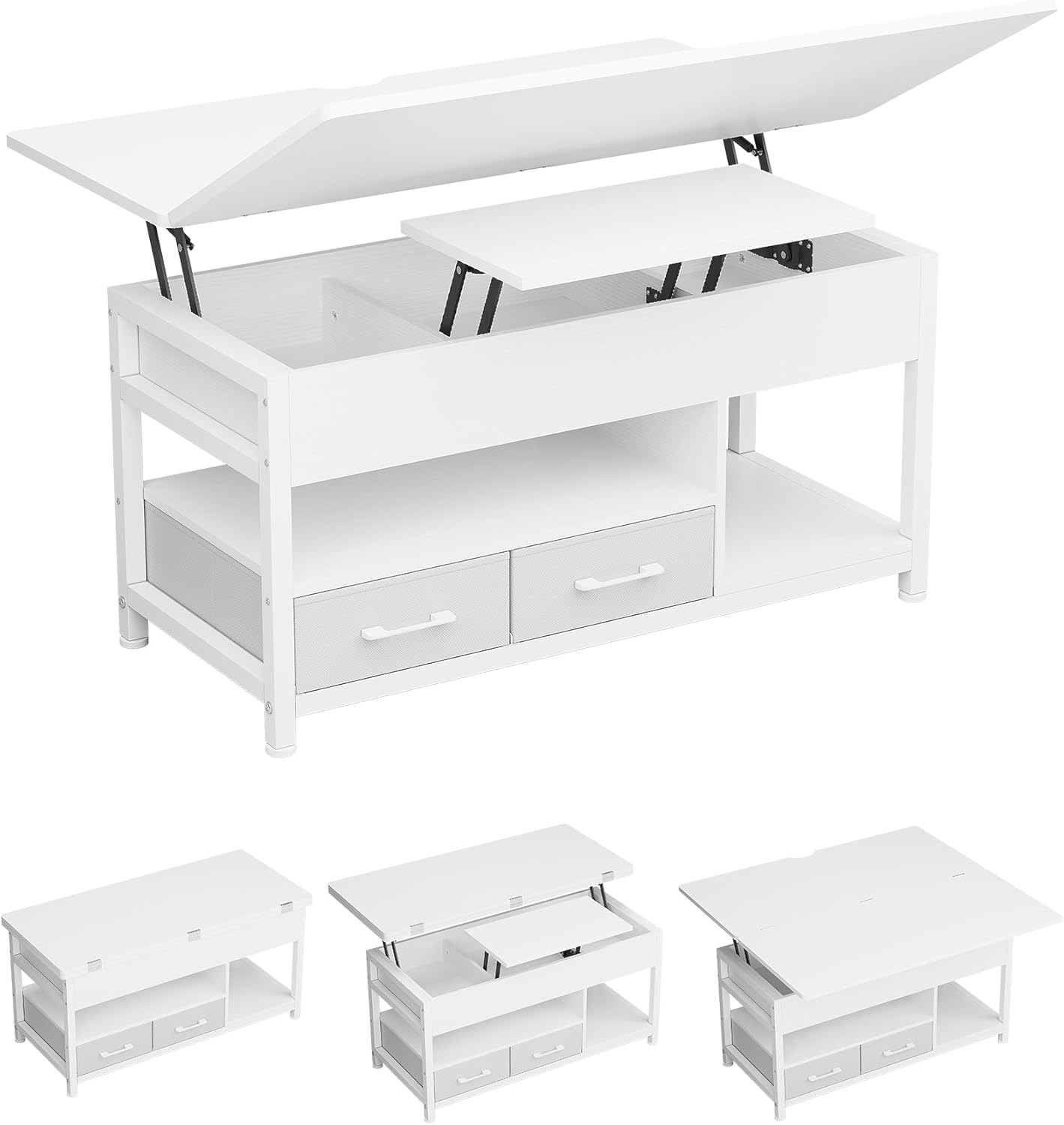 Couchtisch Höhenverstellbar, 3-in-1-Multifunktions-Wohnzimmertisch, Couchtisch mit 2 Schubladen, Kaffeetisch, Versteckte Aufbewahrung, Offenes Fach, Als Esstisch nutzbar, für Wohnzimmer, Büro, Weiß