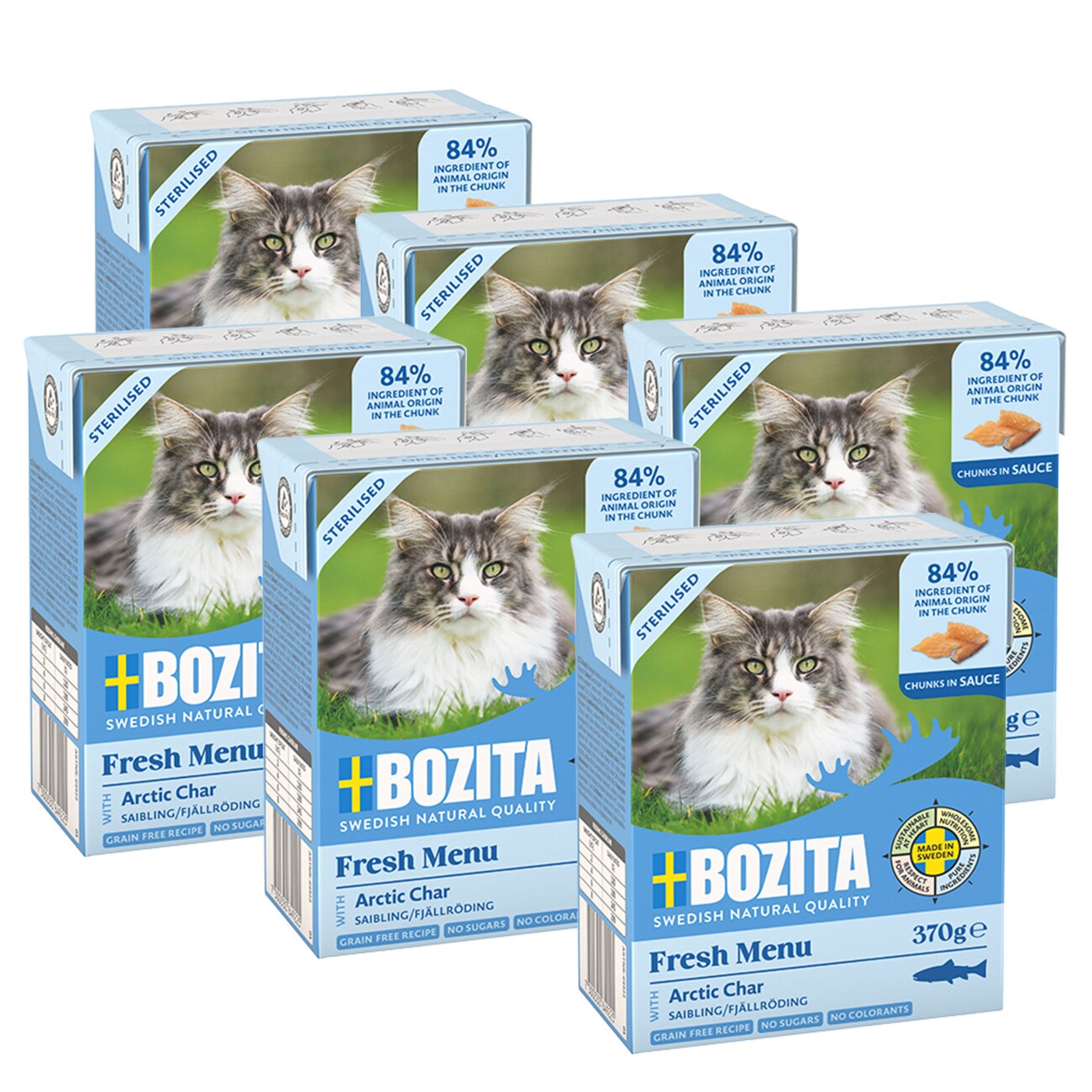 BOZITA Nassfutter Katze Sterilised Häppchen in Sauce mit Saibling 6x370 g