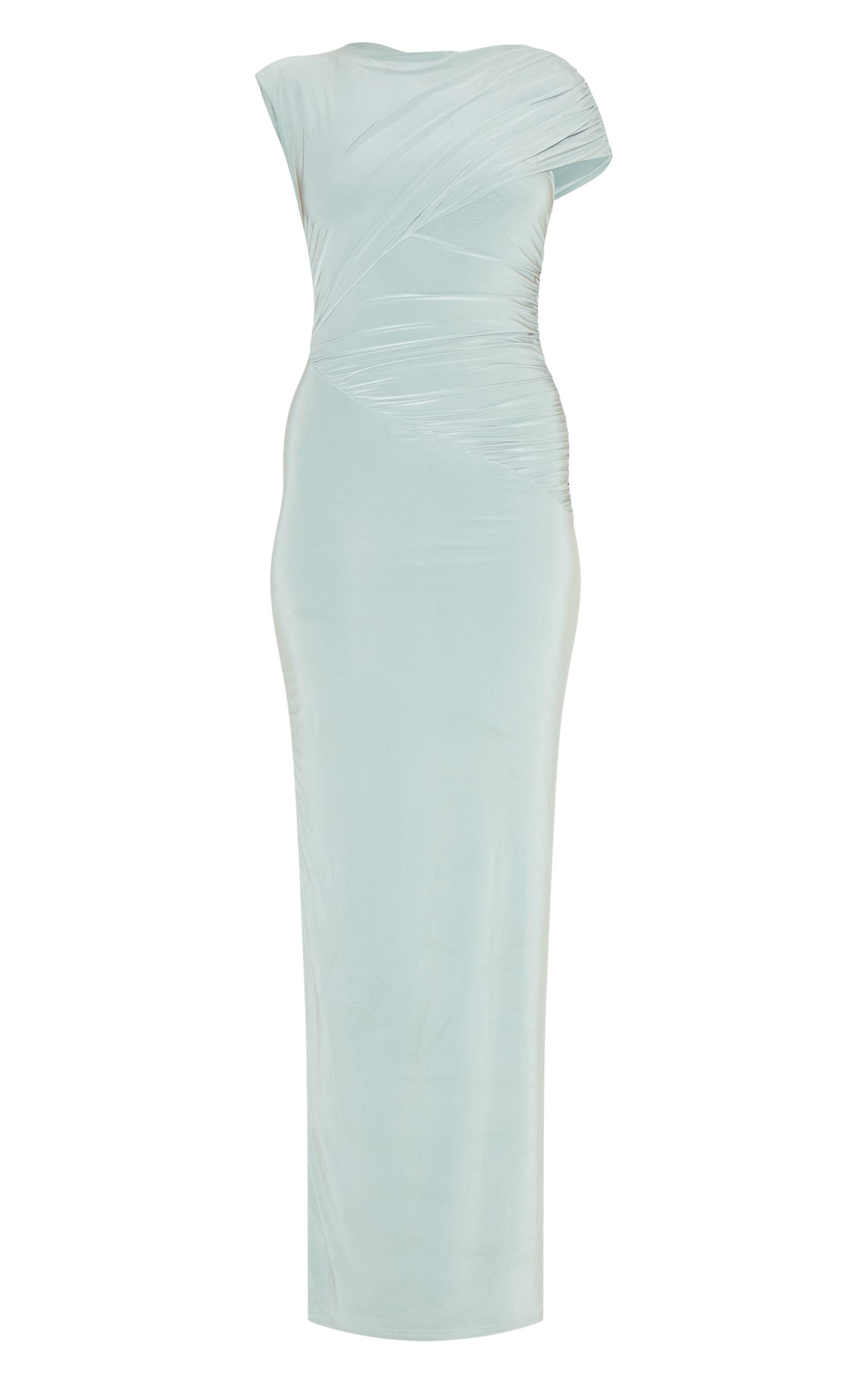Vert Sauge Robe Longue Drapée À Épaules Dénudées Double Couche En Tissu Soyeux