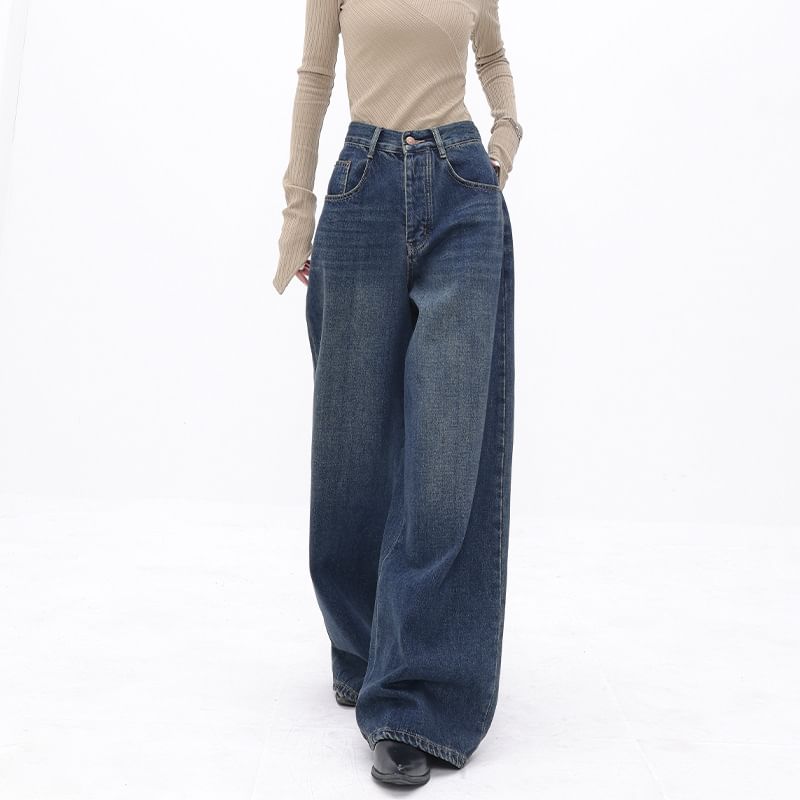 Carotaine - High Waist Washed Wide Leg Jeans
