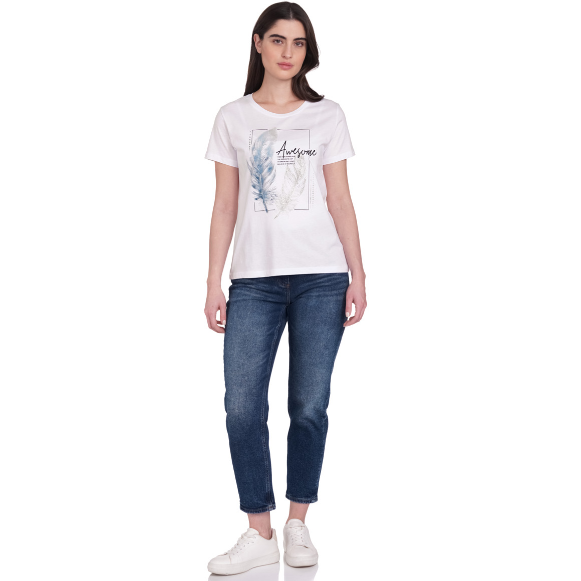 Gina Damen T-Shirt mit großem Print weiss