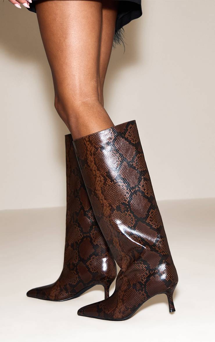 Chocolat Bottes Hautes À Talon Bas Bout Effilé Effet Synthétique Chocolat