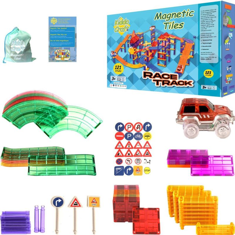 Kiddo Craft - Magnetic Tiles Racebaan - 121 Stuks - Magnetisch Montessori Speelgoed