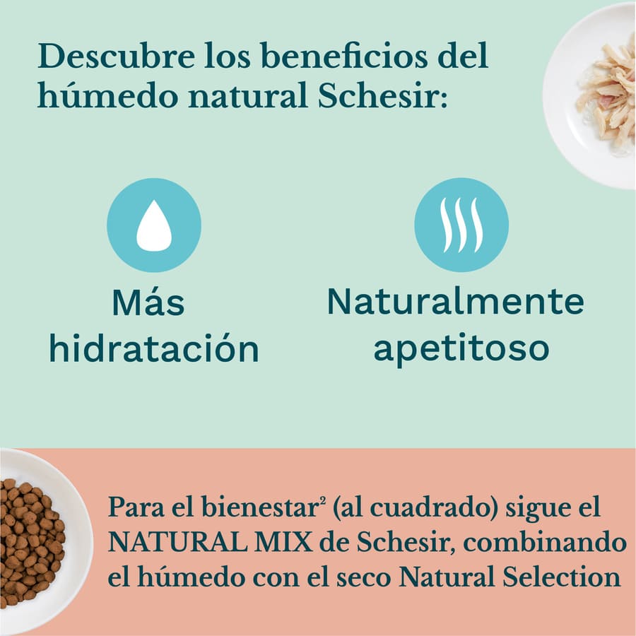 Atum enlatado Schesir Kitten com aloe vera, 85 g, para gatinhos.