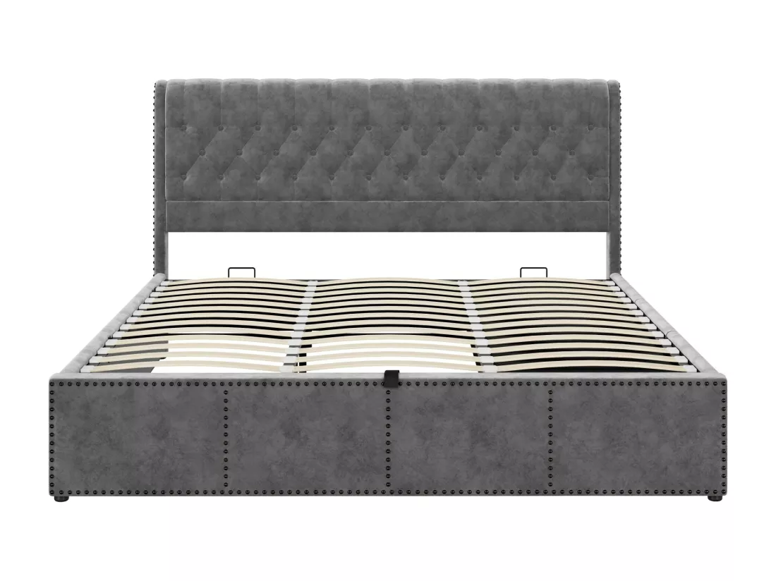 Lit coffre 160 x 200 cm avec tête de lit et 3 tirois - Décor rivet - Velours - Gris (sans matelas)
