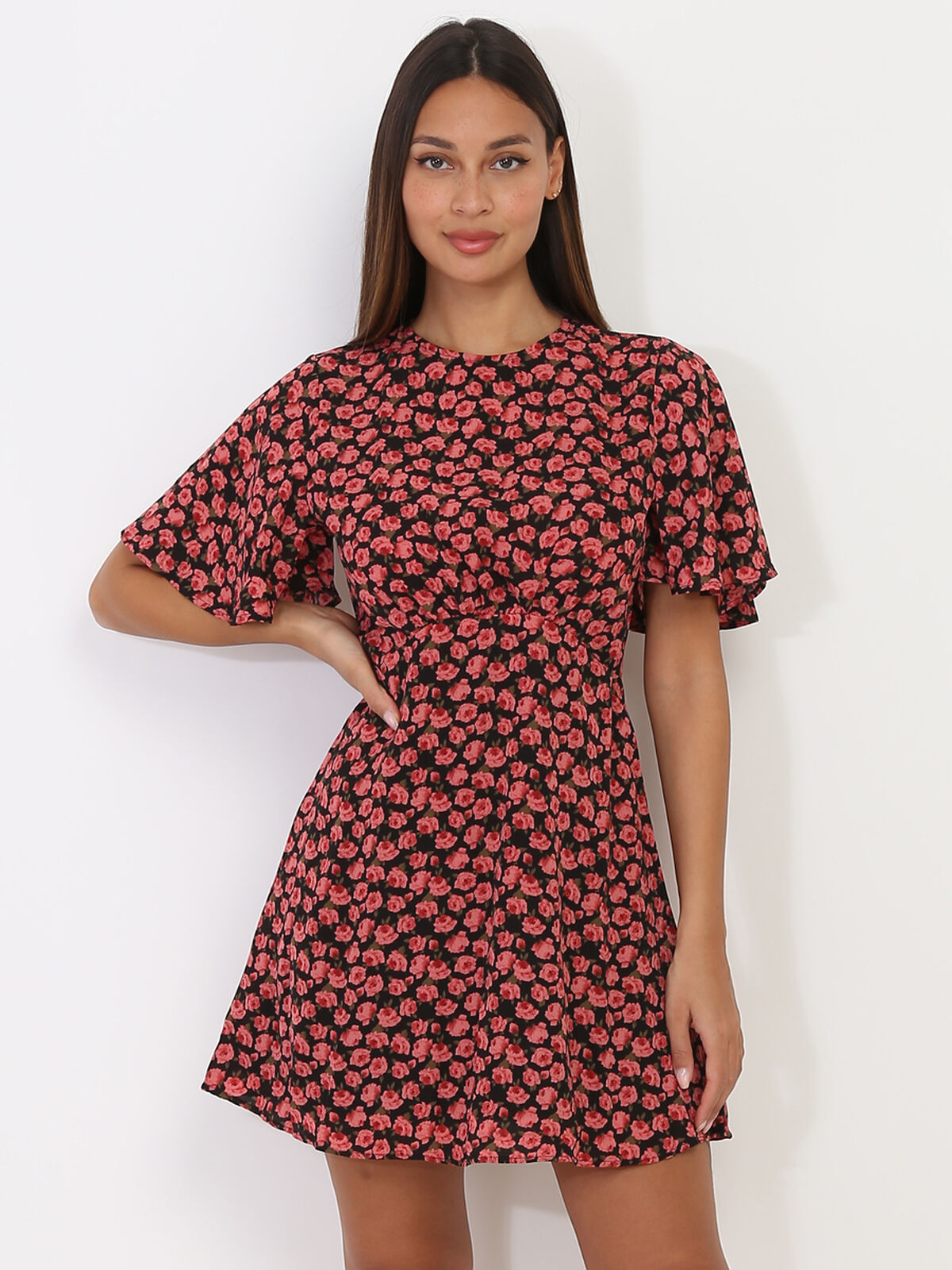 Robe patineuse dos nu à motif floral- Noir