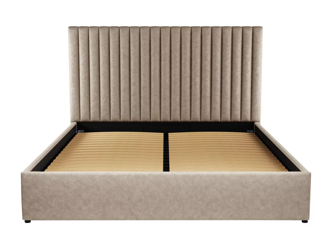 Lit coffre 180 x 200 cm avec tête de lit coutures verticales - Tissu - Taupe - SARAH