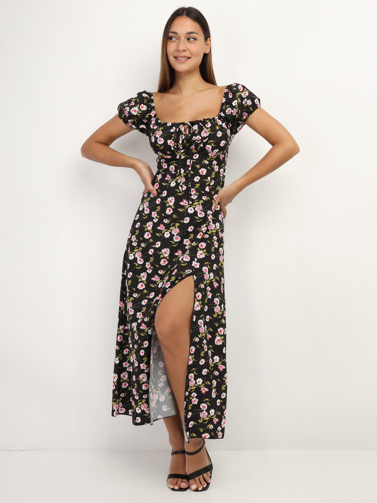Robe corset à imprimé fleurs- Noir