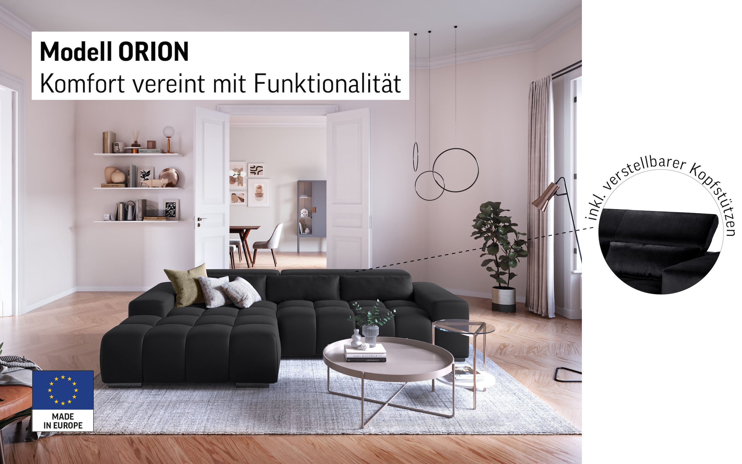 COTTA Ecksofa »Orion L-Form« mit 2x Kopfteilverstellung & 3 Nierenkissen