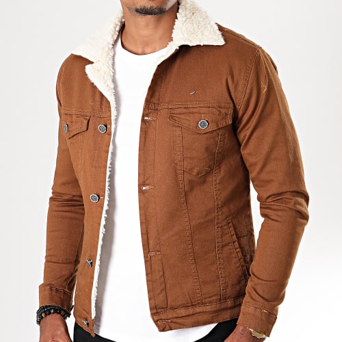 Veste Jean Super Slim Fit Col Mouton 5003 Marron Ecru