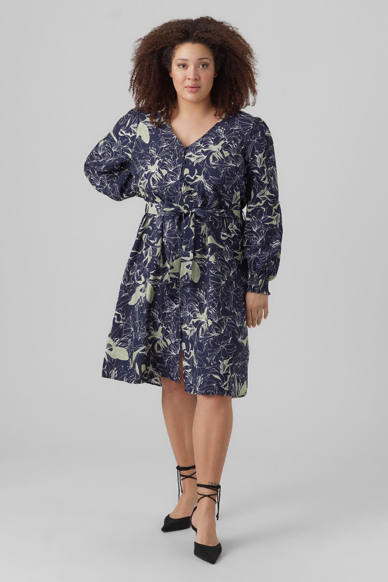 Vestido curto de manga comprida plus size - Azul marinho
