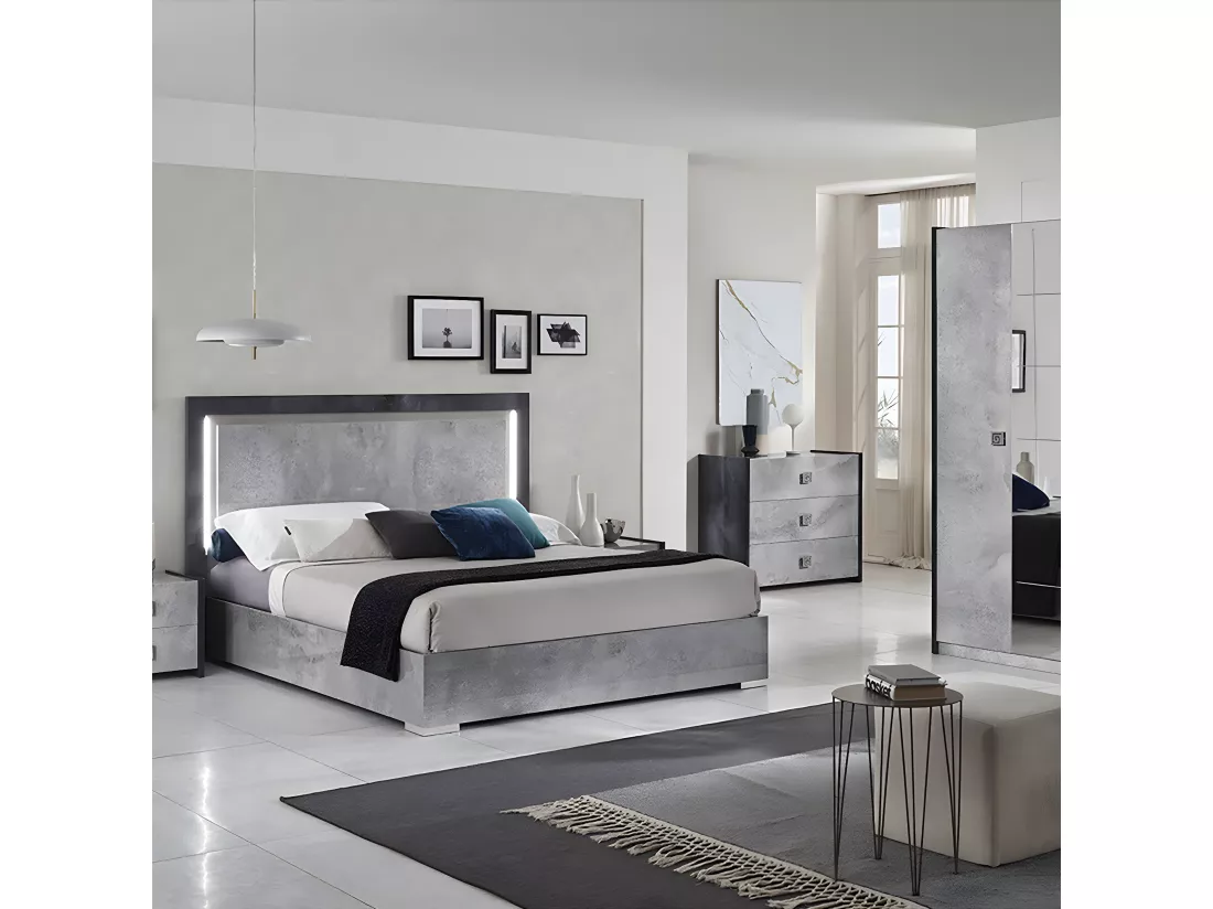 HYDE - Chambre Complète 160x200cm Gris Effet Pierre avec Leds