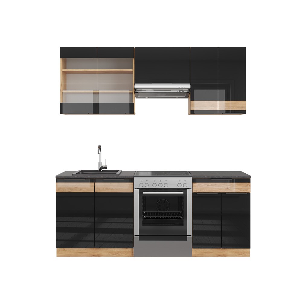 Vicco Küchenzeile Küchenblock Einbauküche Fame-Line Eiche Schwarz 200 cm modern Hochglanz Küchenschränke Küchenmöbel