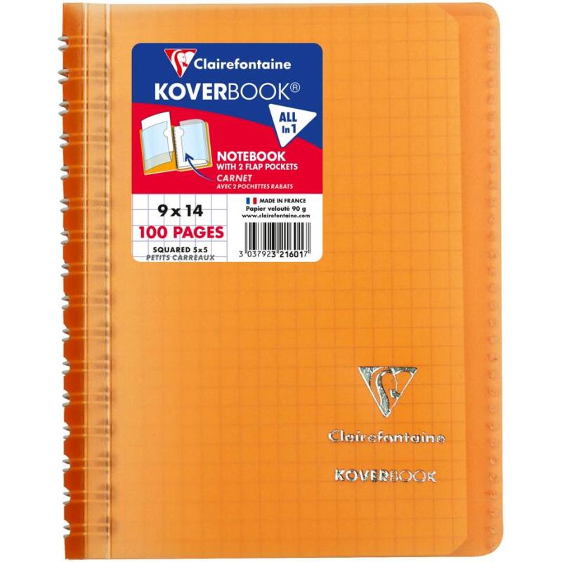 Carnet reliure intégrale enveloppante Koverbook 9x14cm 100 pages petits carreaux couverture polypropylène transparent - Assortis
