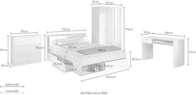 Parisot Jugendzimmer-Set »Most« Set, Bett mit Schubkästen, Kleiderschrank, Schreibtisch, Schubkastenkommode, 4 Stk. tlg.