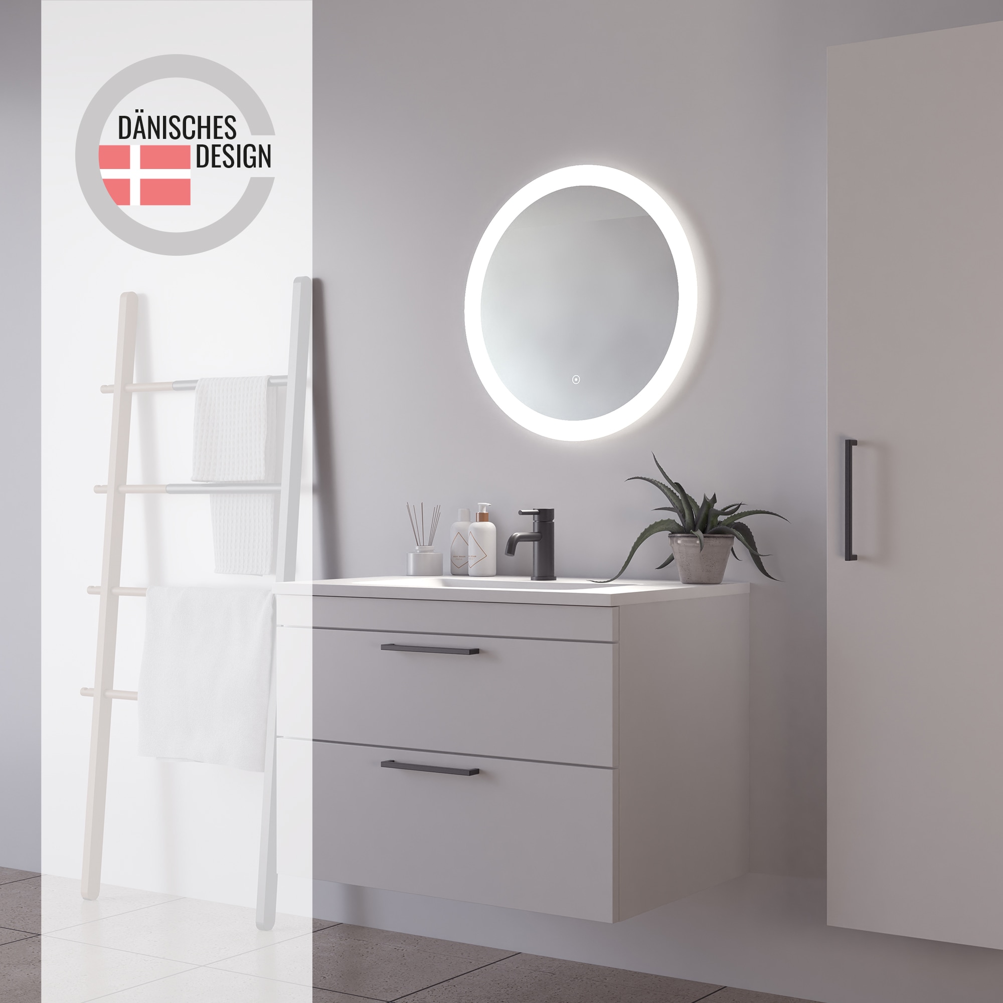 Loevschall Badspiegel »Vega Rund, Badzimmerspiegel mit LED Beleuchtung, Lichtspiegel« Touchpanel für Lichtsteuerung, Dimmbar Spiegel, Dänisches Design