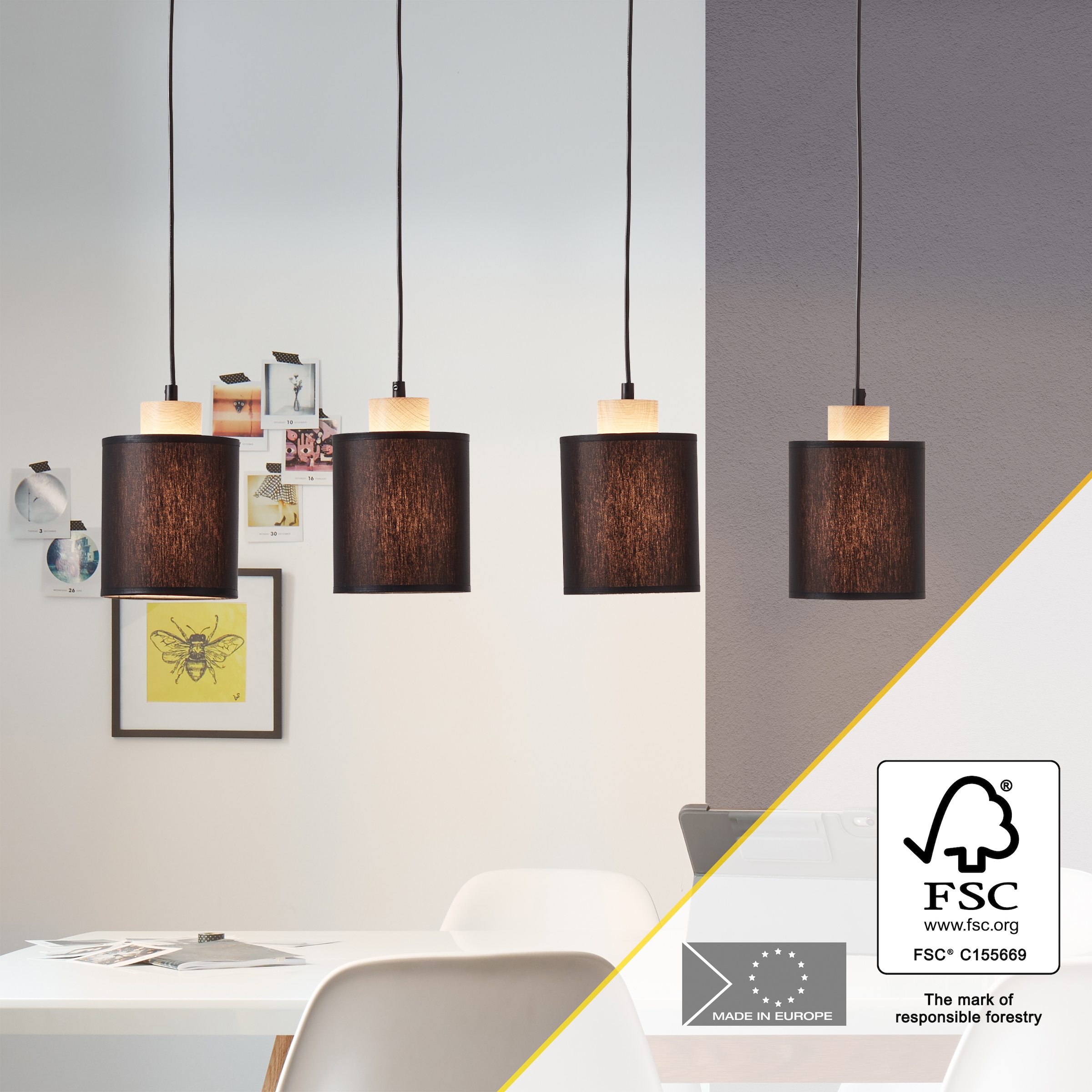 Brilliant Pendelleuchte »Vonnie« E27 1 Stk. Stoffschirme, 111cm Höhe, 80 cm Breite, 4 x E27, kürzbar, schwarz/holz