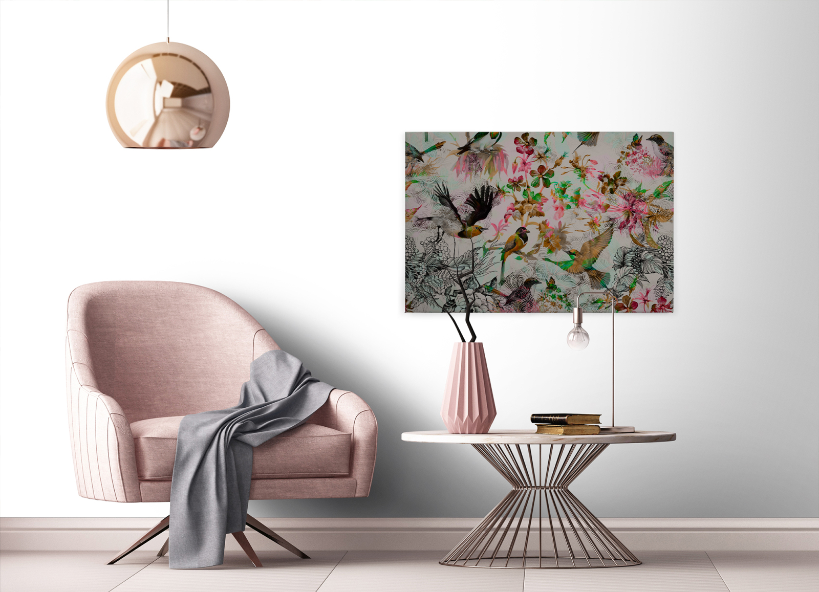 Leinwandbild VÖGEL - grün-pink - 90x60 cm
