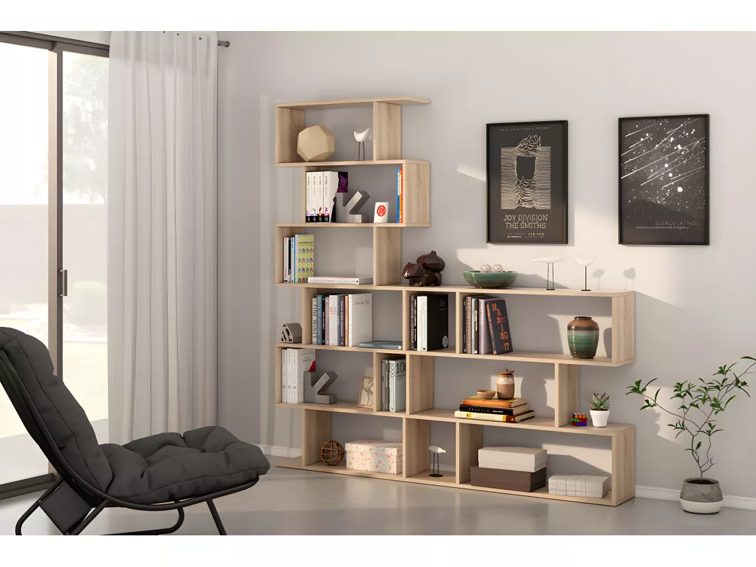 Bibliothèque, étagère basse 3 niveaux en bois mélaminé chêne - Longueur 110 x Profondeur 24 x Hauteur 97 cm