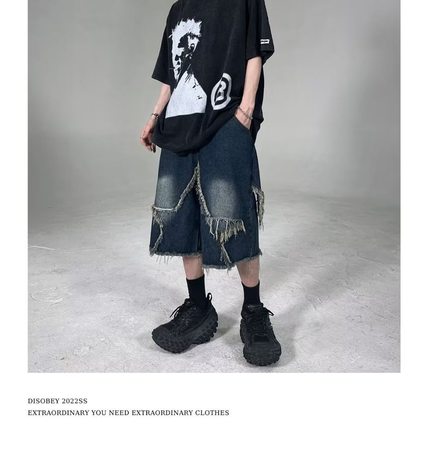 Lingaris - Hoge taille denim shorts met wijde pijpen en versleten look