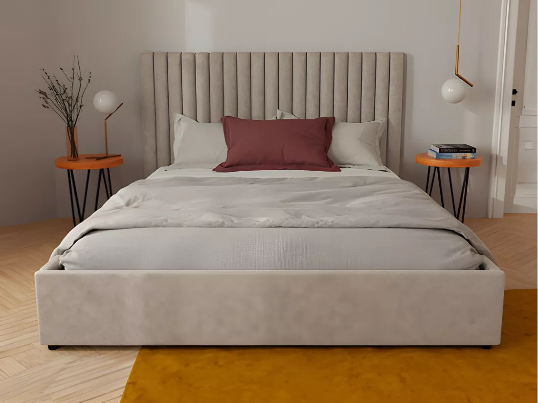 Lit coffre 140 x 190 cm avec tête de lit coutures verticales - Tissu - Taupe + Matelas - SARAH