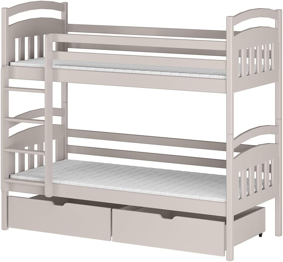 Holz-Etagenbett GABI 90x200 Kaschmir mit Universalleiter und Zwei Schubladen