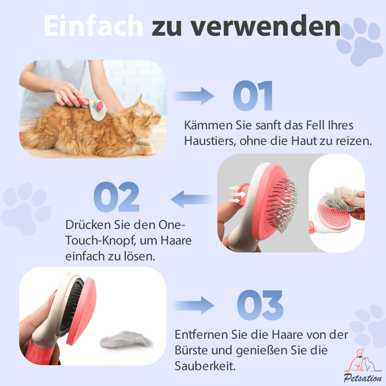 Petsation Tierbürste mit One-Touch-Reinigung weiß/ rosa