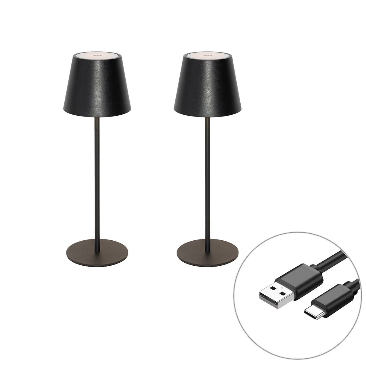 Set van 2 tafellampen zwart met dimmer en oplaadbaar - Murdock