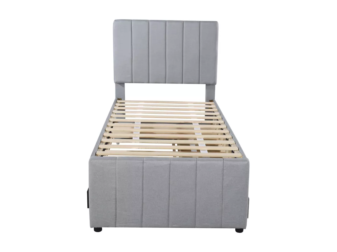 Lit gigogne 90 x 190/200 cm avec 3 tiroirs - tissu lin - sommier à lattes - gris