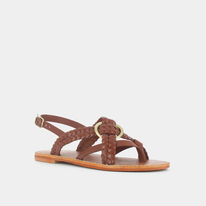 Sandales plates tressées  en cuir cognac