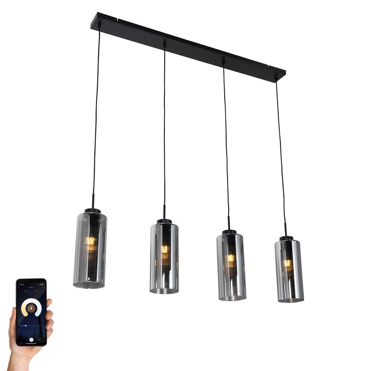 Smart hanglamp zwart met smoke glas 4-lichts incl. 4 Wifi ST64 - Laura