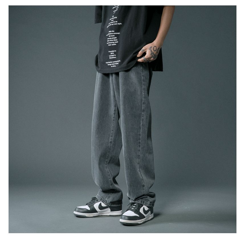 FOEV - Mid Rise Washed Straight Leg Jeans