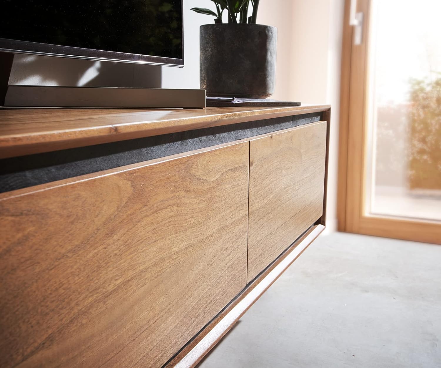 DELIFE TV-Board Stonegrace Akazie Natur 200 cm 4 Türen Steinfurnier schwebend Lowboard