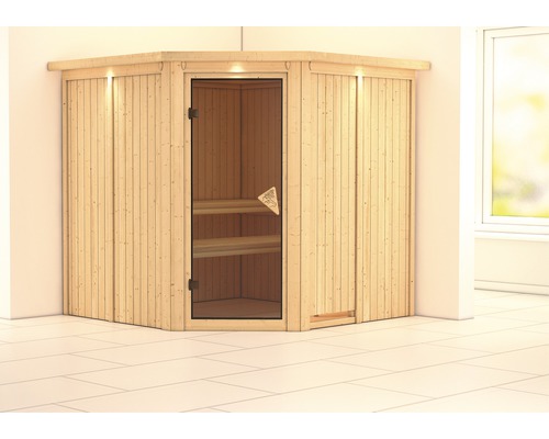 Karibu Piemon modulaire sauna zonder oven, met dakkroon en gebronsde volledig glazen deur