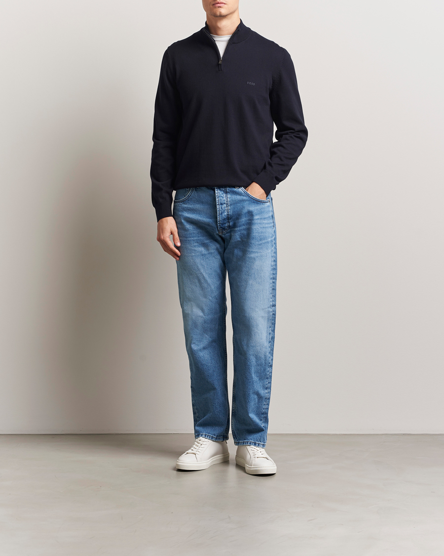 BOSS BLACK Padro Cotton Knitted Half Zip Dark Blue