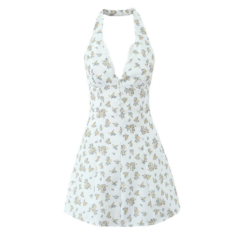 Avauntgardo - Halter V-hals bloemenprint kanten rand open rug mini A-lijn jurk